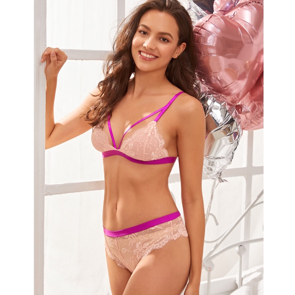 Strappy 2 Piece Pink Contrast Lingerie Set - Picture 3 of 6